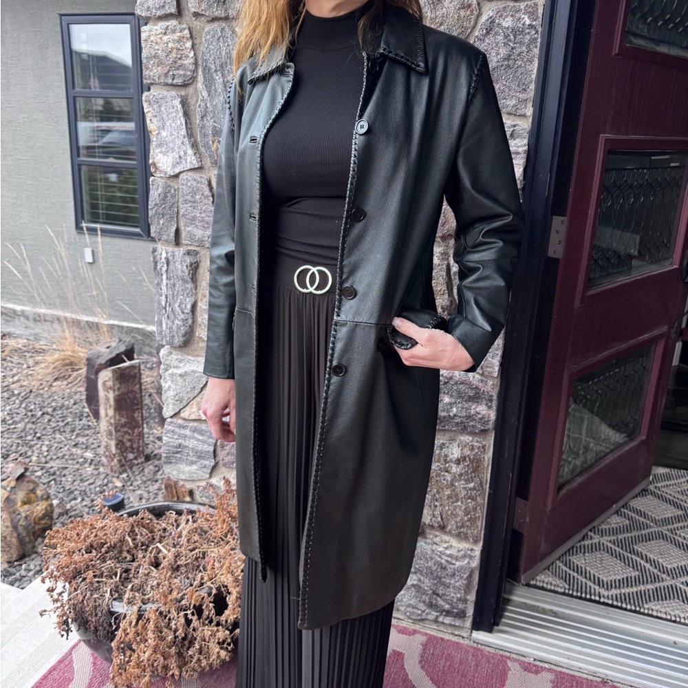 Bagatelle Long Black Leather Coat for Women